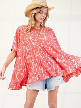 easel Coral Pink Tiered Swing Top with White Abstract Print